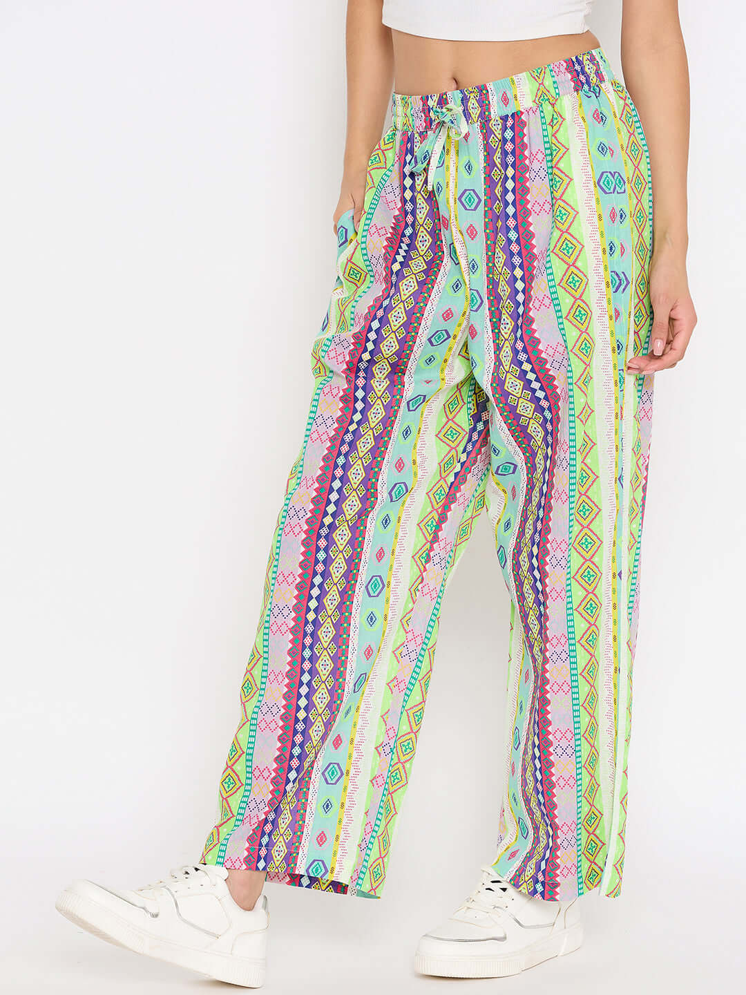 Pink printed cotton flat front trouser