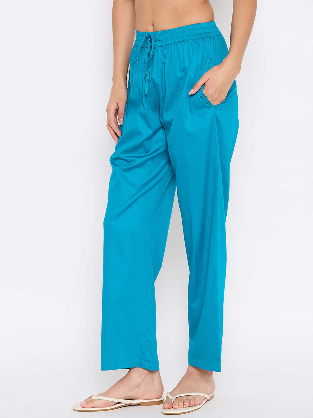 Women Straight Fit Pants with Elasticated Drawstring Waist (Blue)