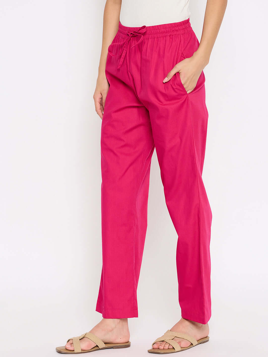 Women Solid Dark Pink Cotton Wide Leg Pants