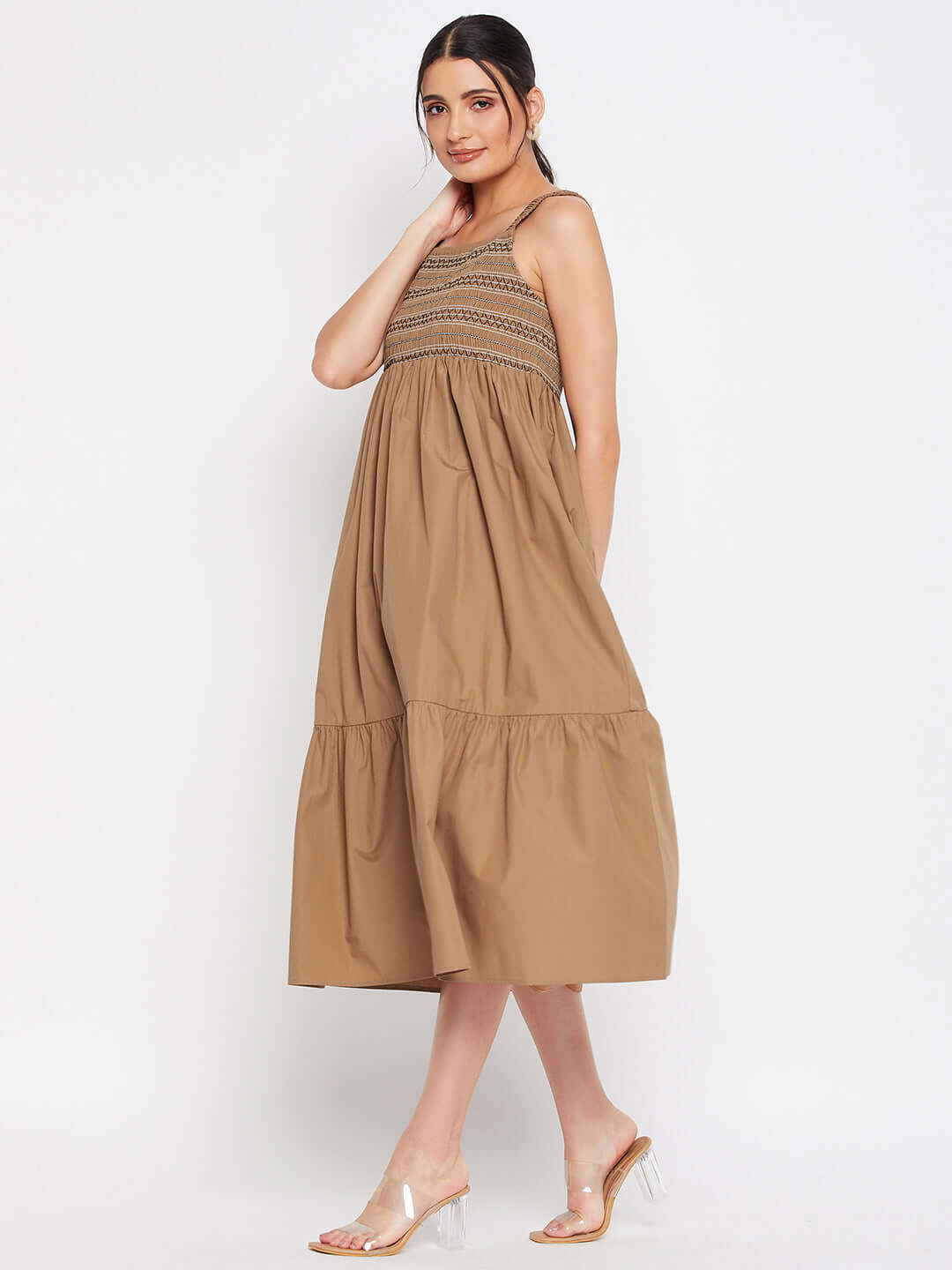 BROWN SMOCKING MIDI DRESS - Antimony