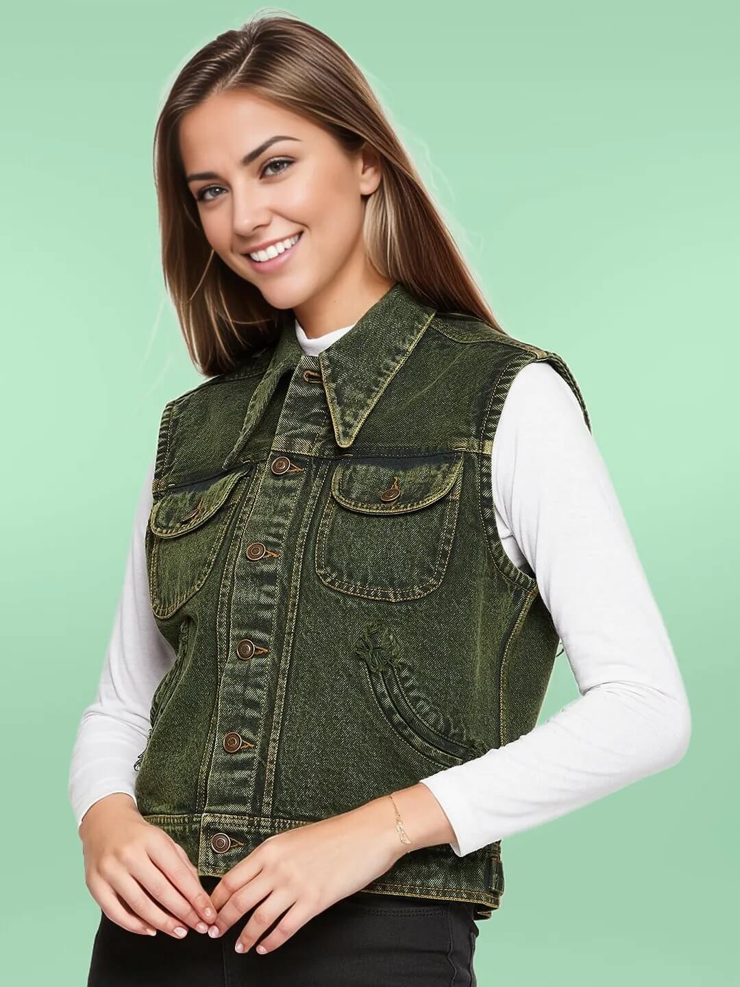 DENIM SLEEVELESS GREEN JACKET WITH FLAP POCKET - Antimony