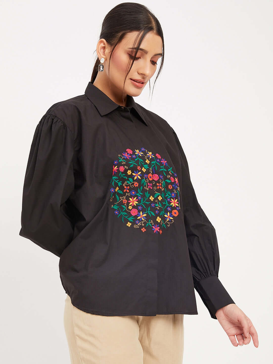 Solid Black Cotton Shirt With Thread Embroidery