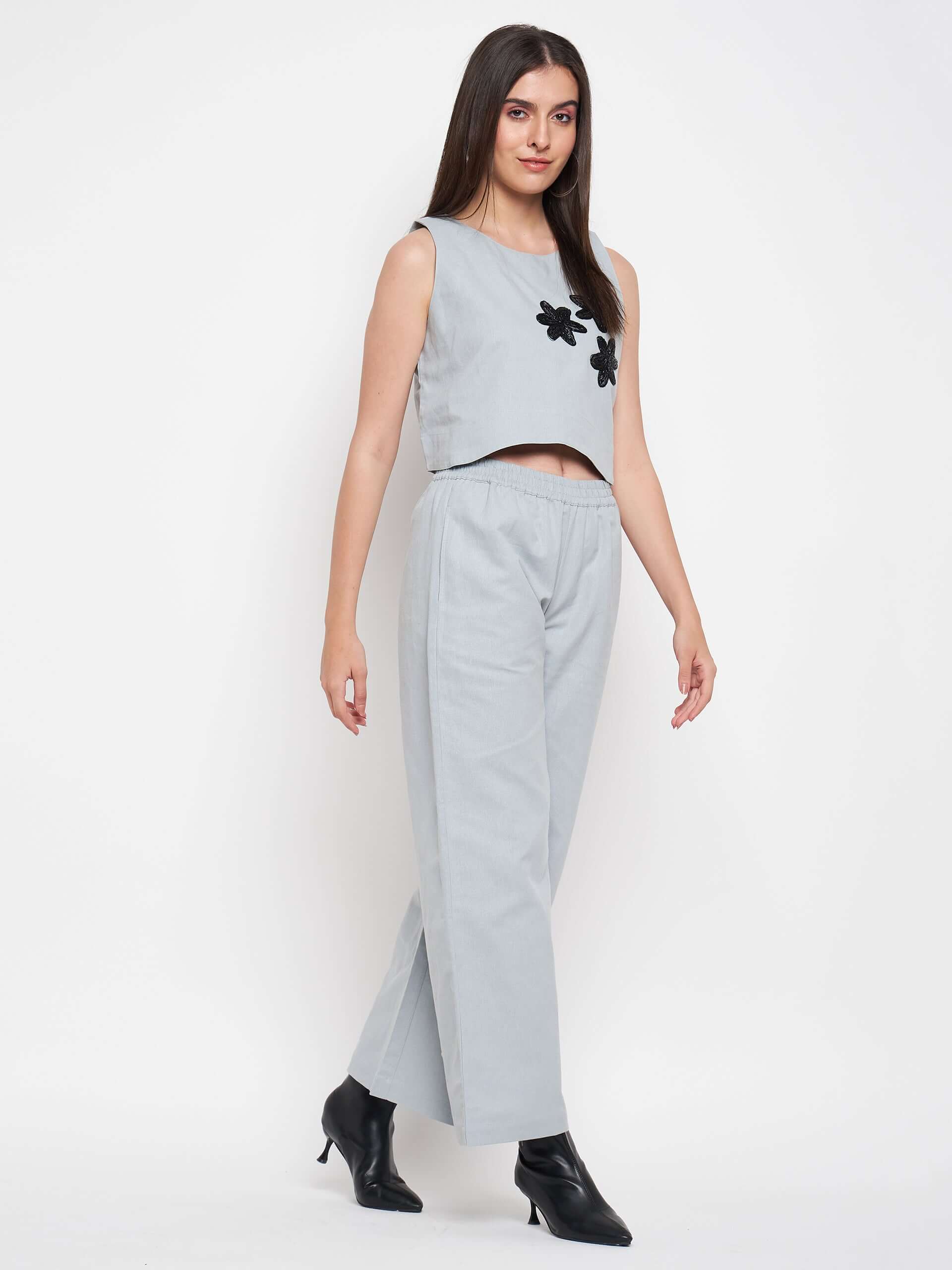 Grey Cotton Linen Embellished Sleeveless Co-ord Set - Antimony