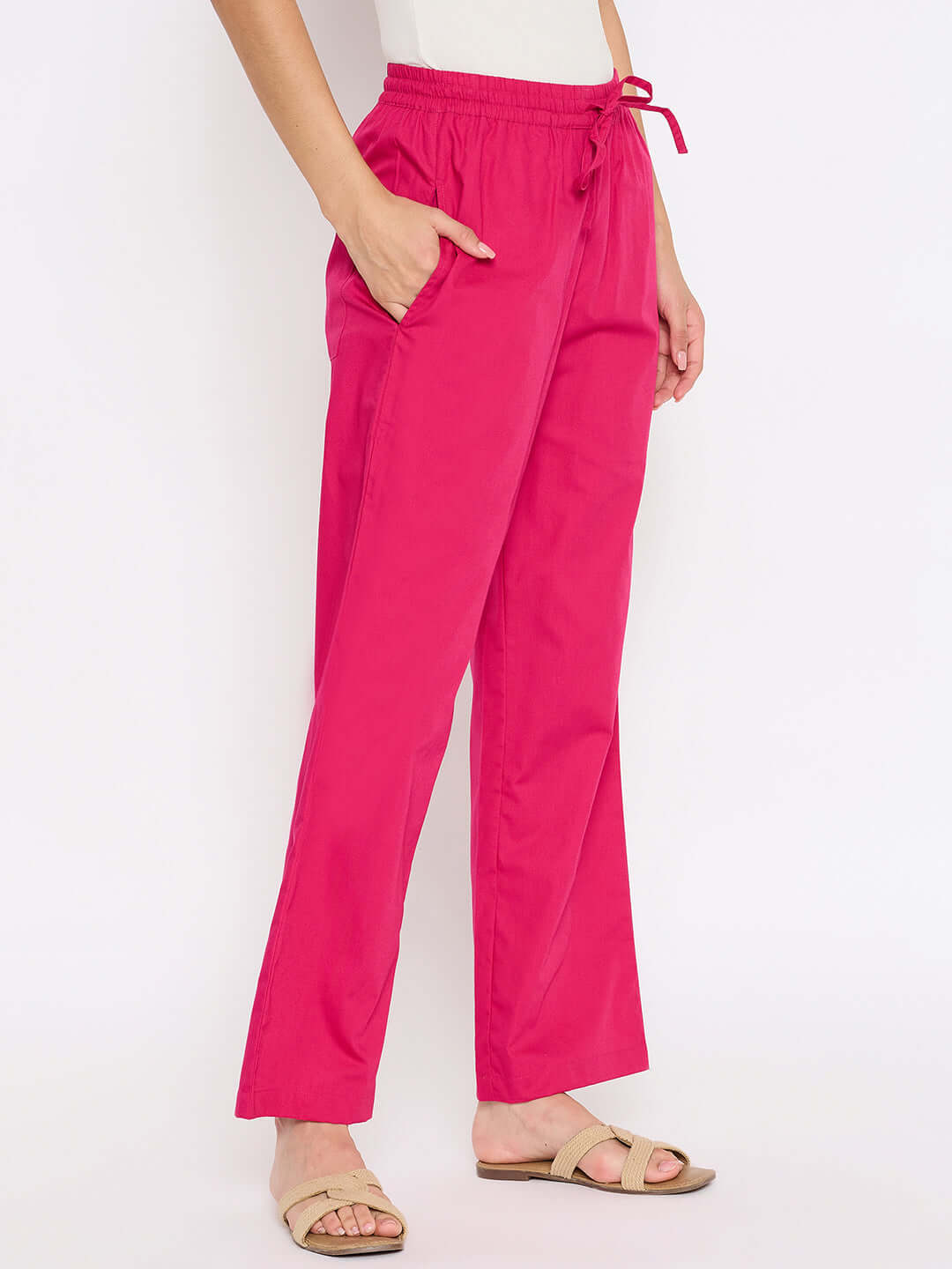 Women Solid Dark Pink Cotton Wide Leg Pants