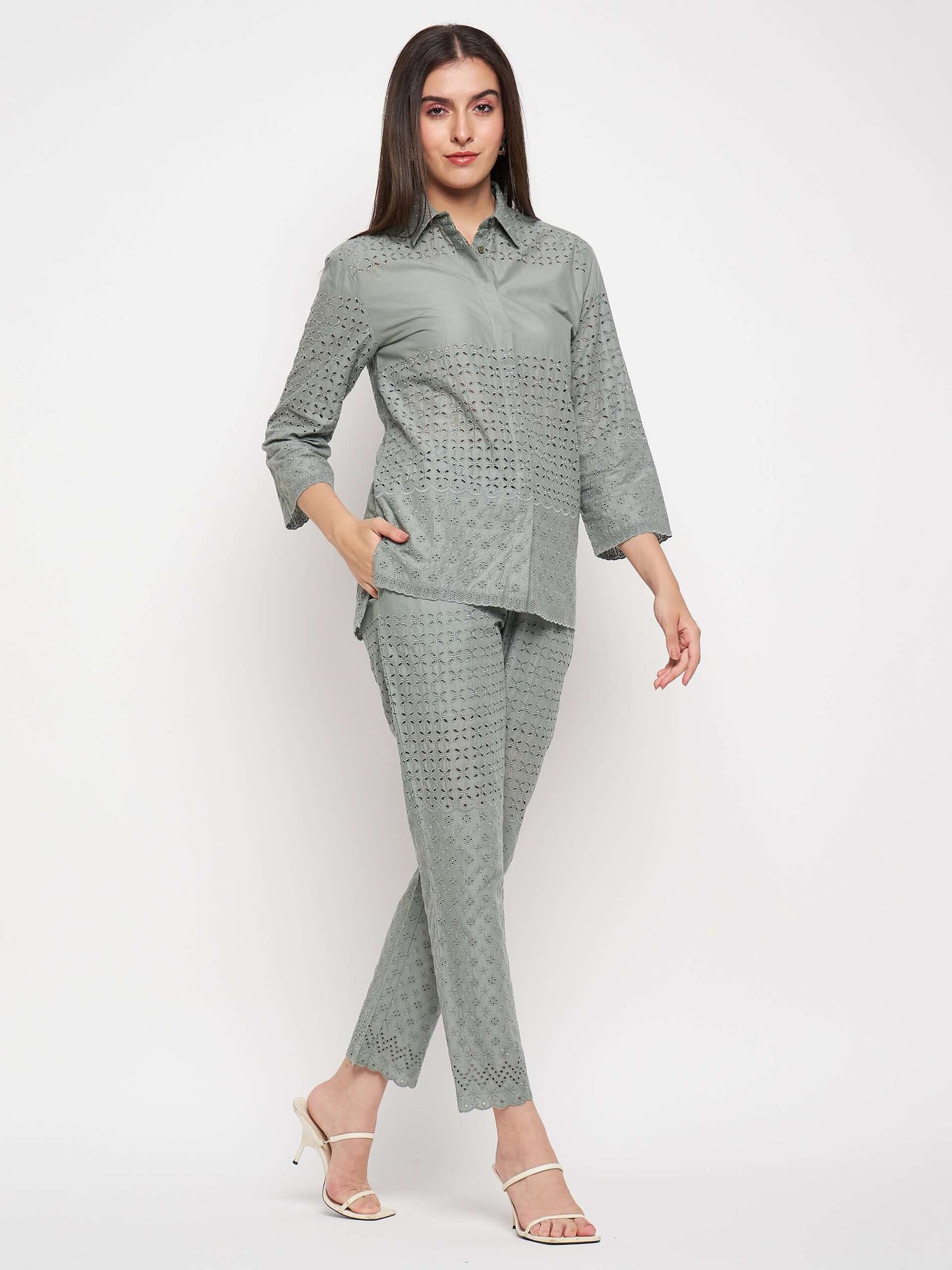 Grey Cotton Cut work embroidery co-ord set - Antimony