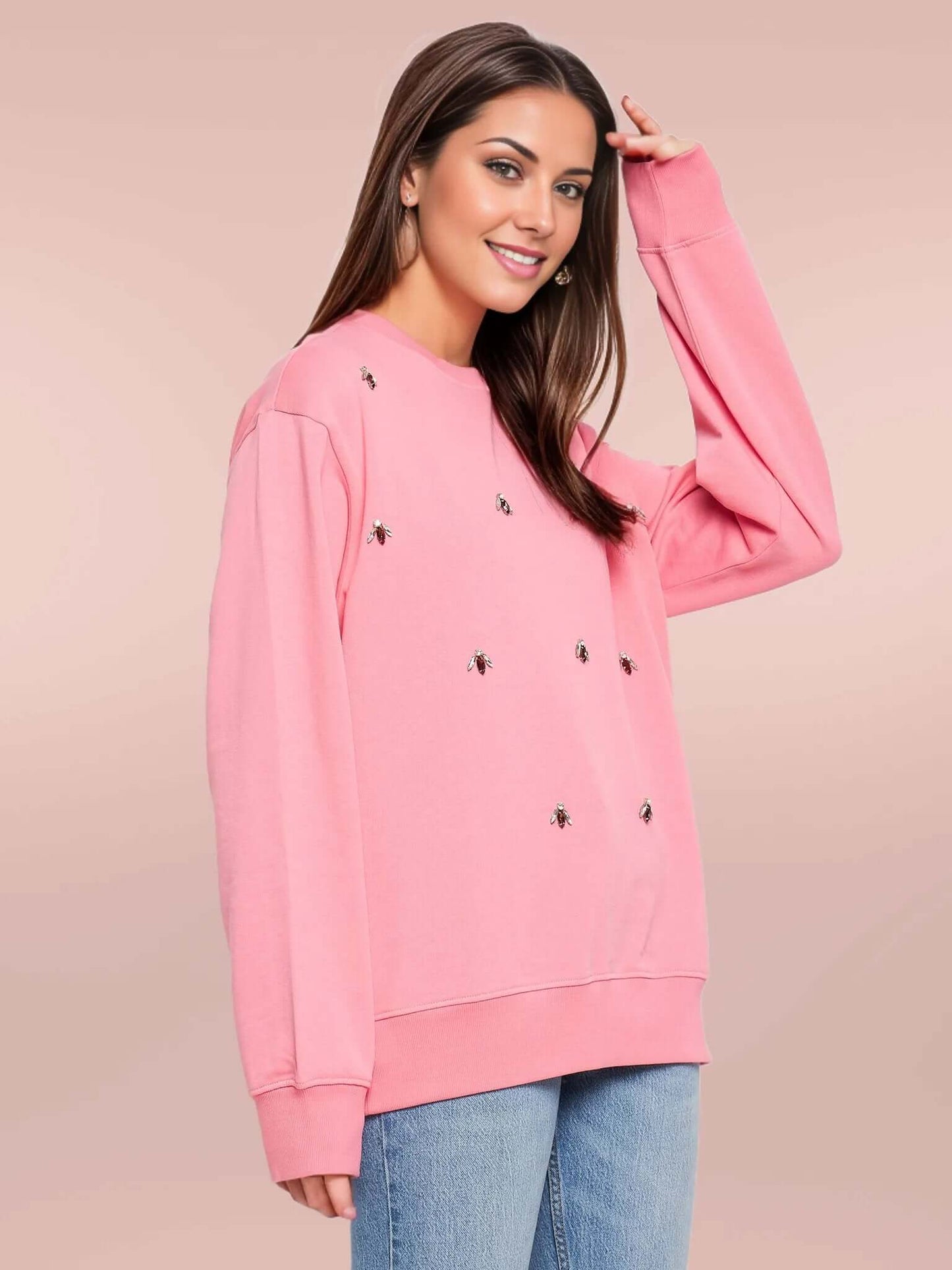 Women's Round Neck Embellished Sweatshirt - Antimony