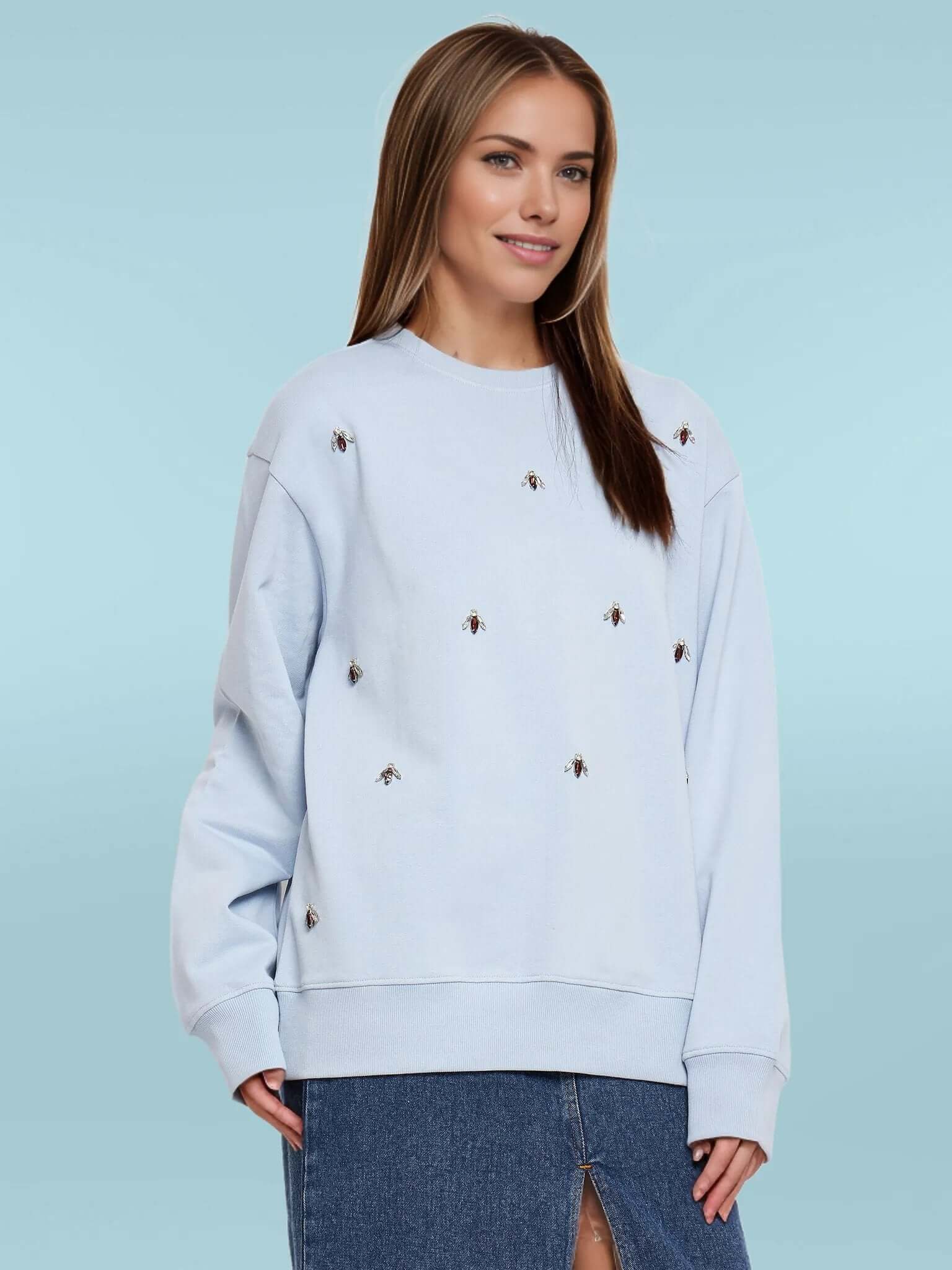 Women's Round Neck Embellished Sweatshirt - Antimony