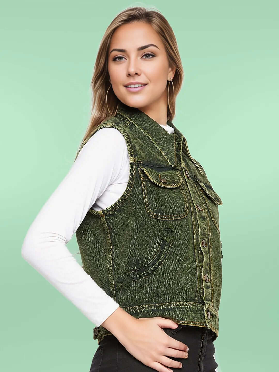 DENIM SLEEVELESS GREEN JACKET WITH FLAP POCKET - Antimony