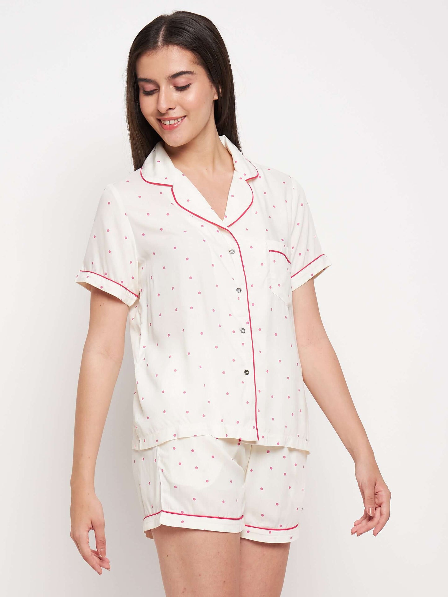 Women Polka Dots Print Night Suit Shirt & Shorts - Antimony