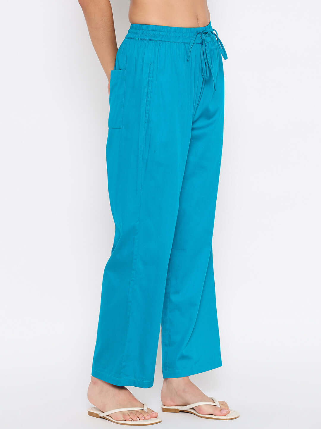 Women Straight Fit Pants with Elasticated Drawstring Waist (Blue)