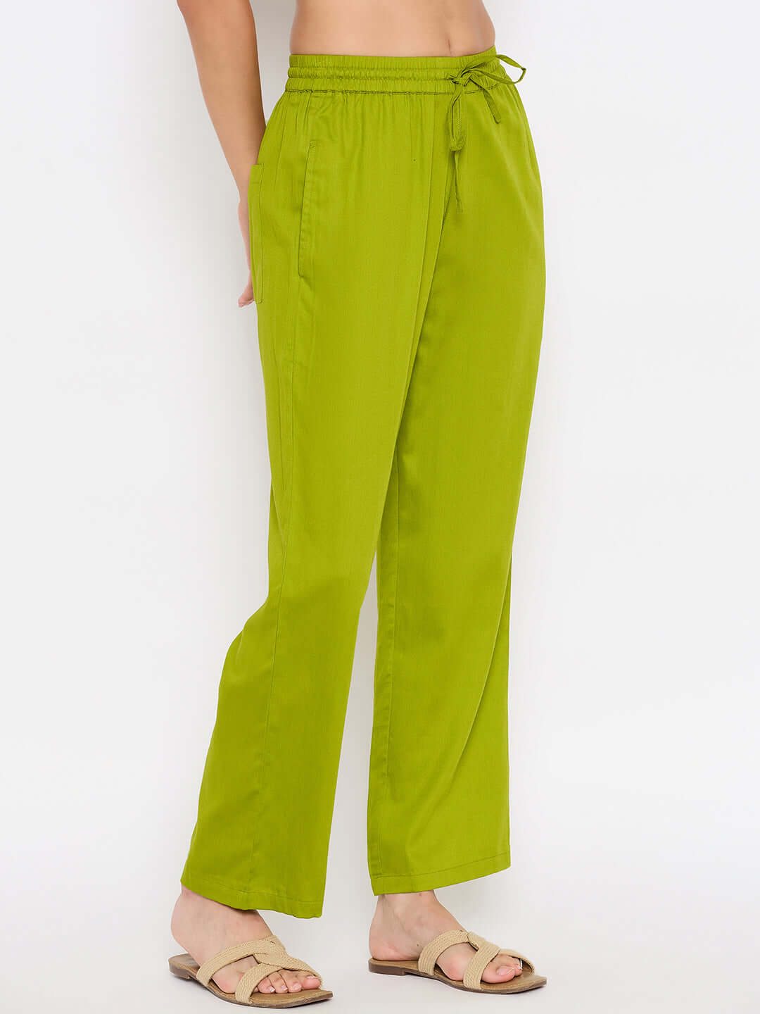 Women Straight Fit Pants with Elasticated Drawstring Waist(Olive Green)