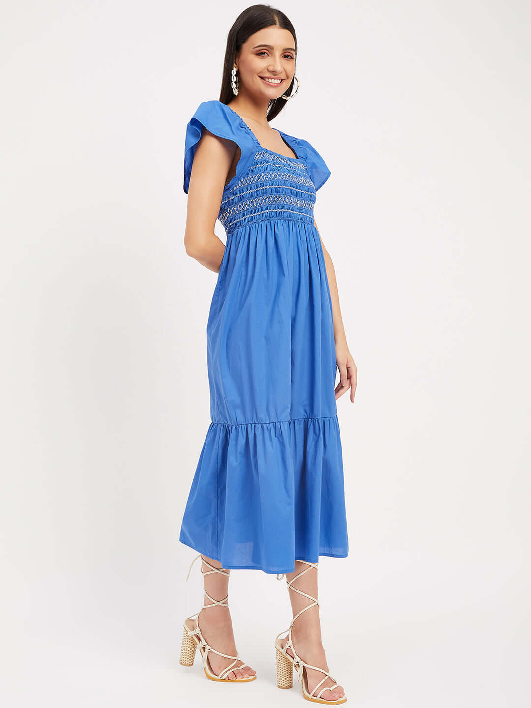 BUTTERFLY SHOULDER MIDI DRESS WITH SMOCKED