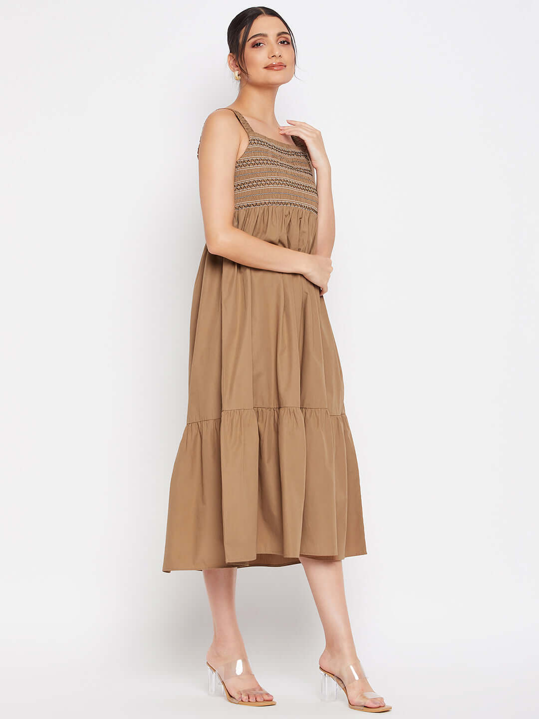 BROWN SMOCKING MIDI DRESS - Antimony