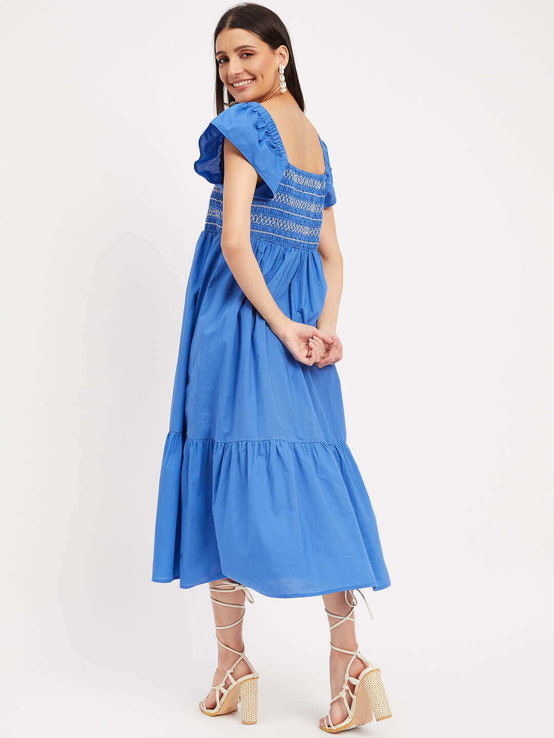 BUTTERFLY SHOULDER MIDI DRESS WITH SMOCKED