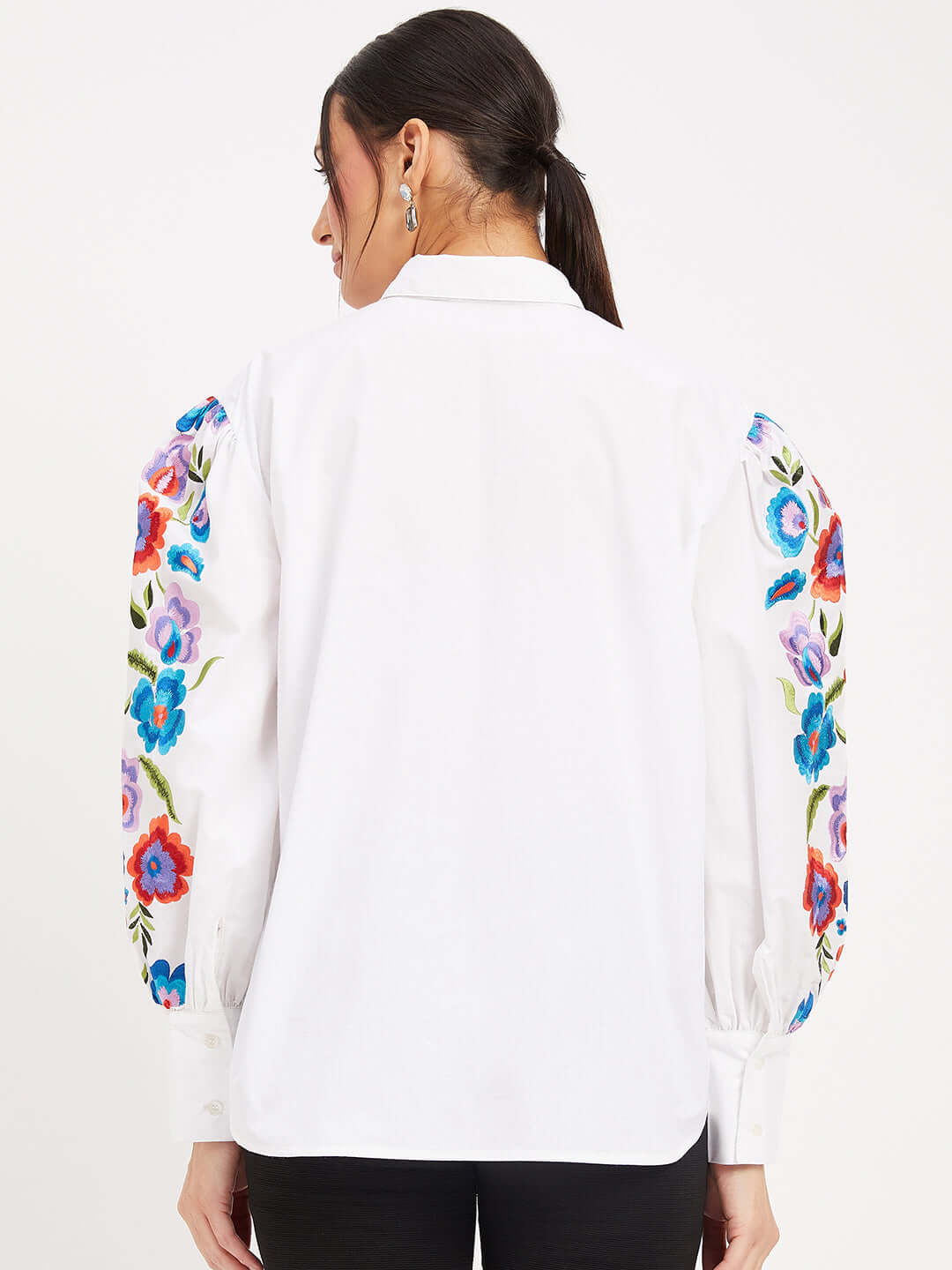 WHITE COTTON SHIRT WITH MULTI COLOURED FLORAL EMBROIDERY
