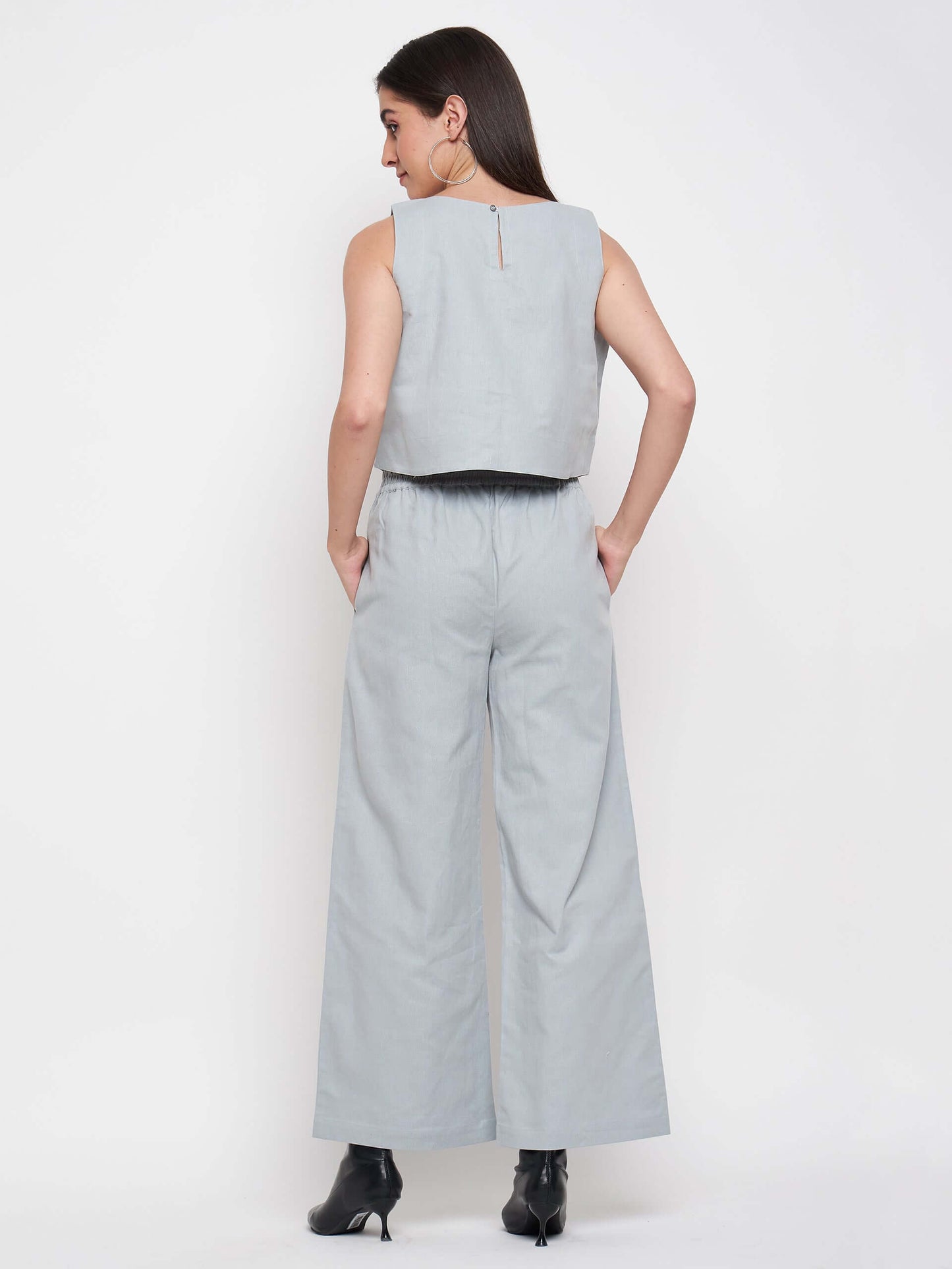 Grey Cotton Linen Embellished Sleeveless Co-ord Set - Antimony