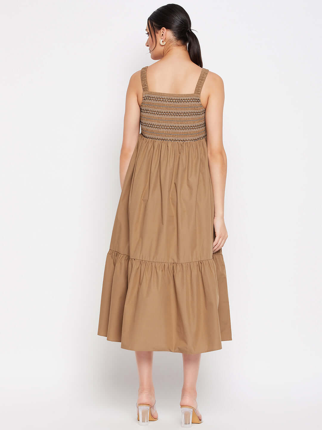 BROWN SMOCKING MIDI DRESS - Antimony