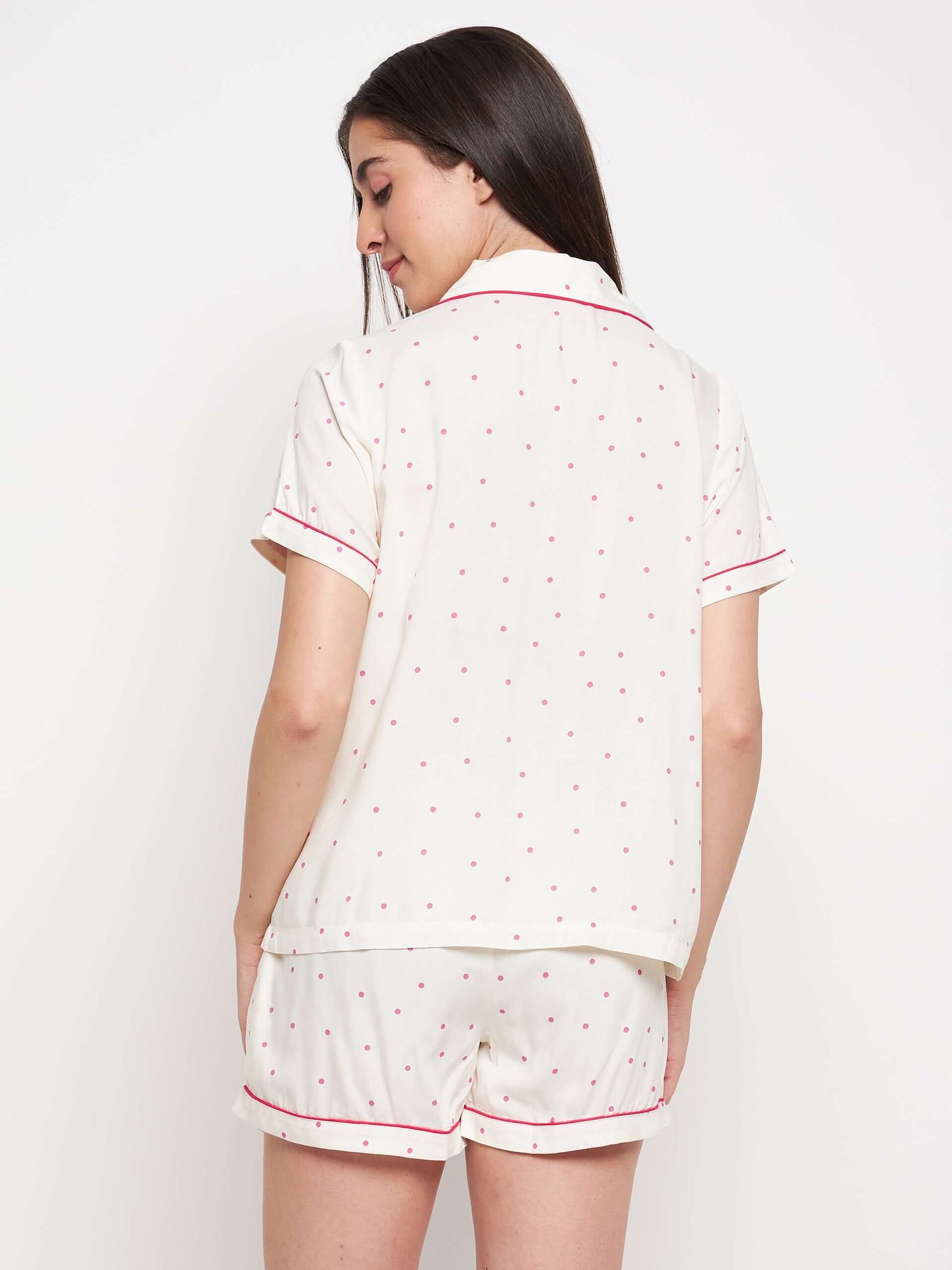 Women Polka Dots Print Night Suit Shirt & Shorts - Antimony