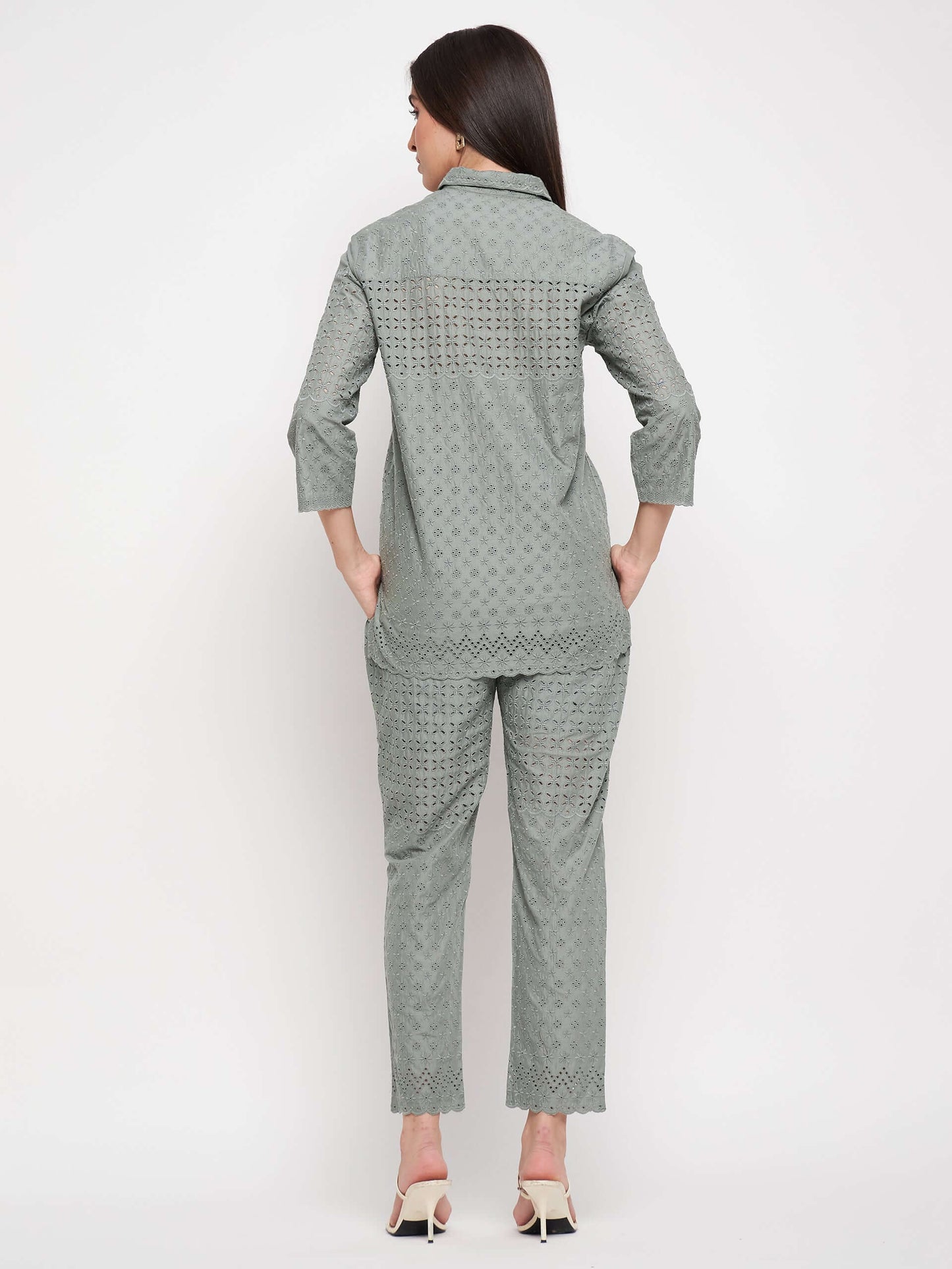 Grey Cotton Cut work embroidery co-ord set - Antimony