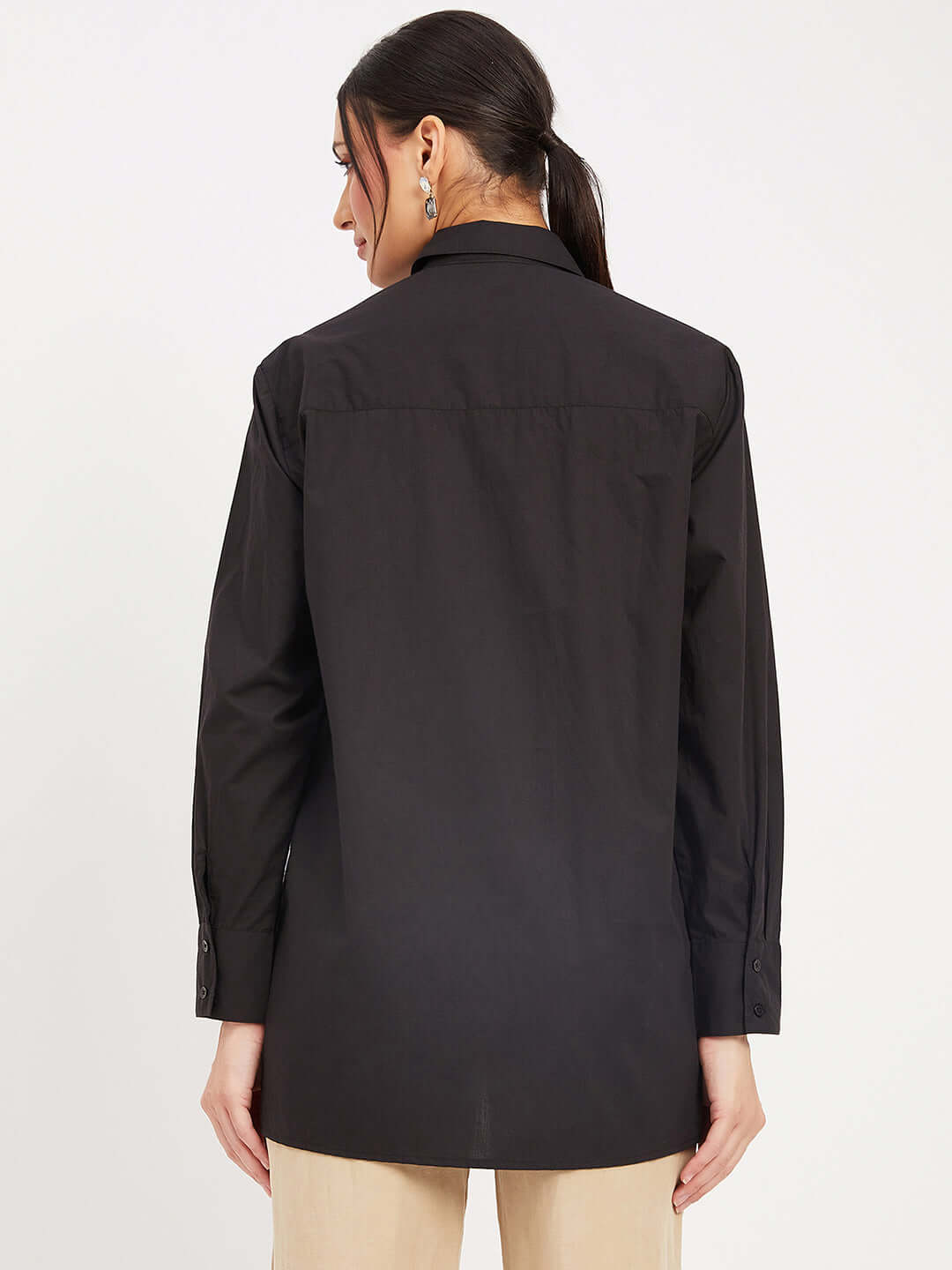 Solid Black Cotton Shirt With Thread Embroidery