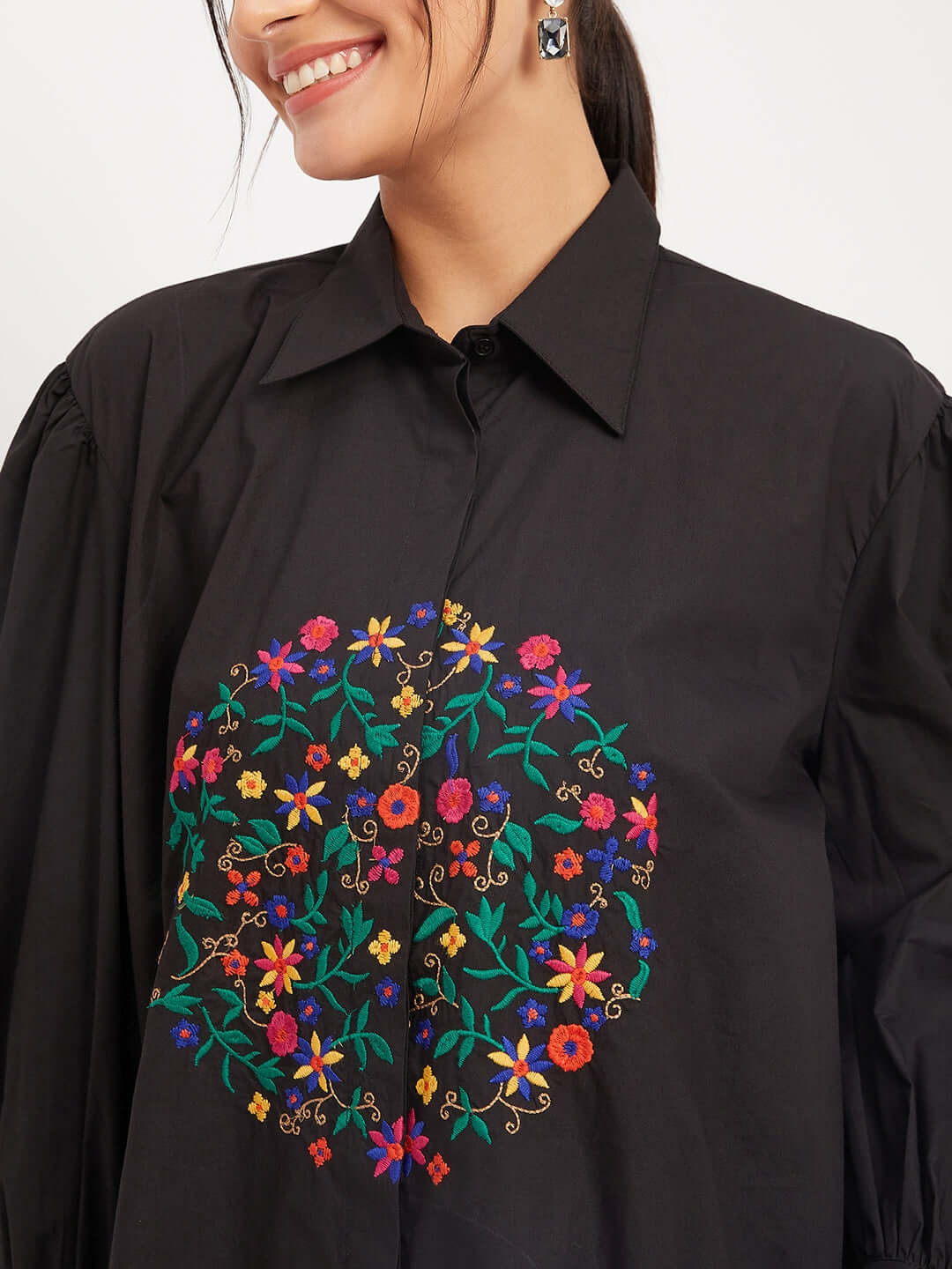 Solid Black Cotton Shirt With Thread Embroidery