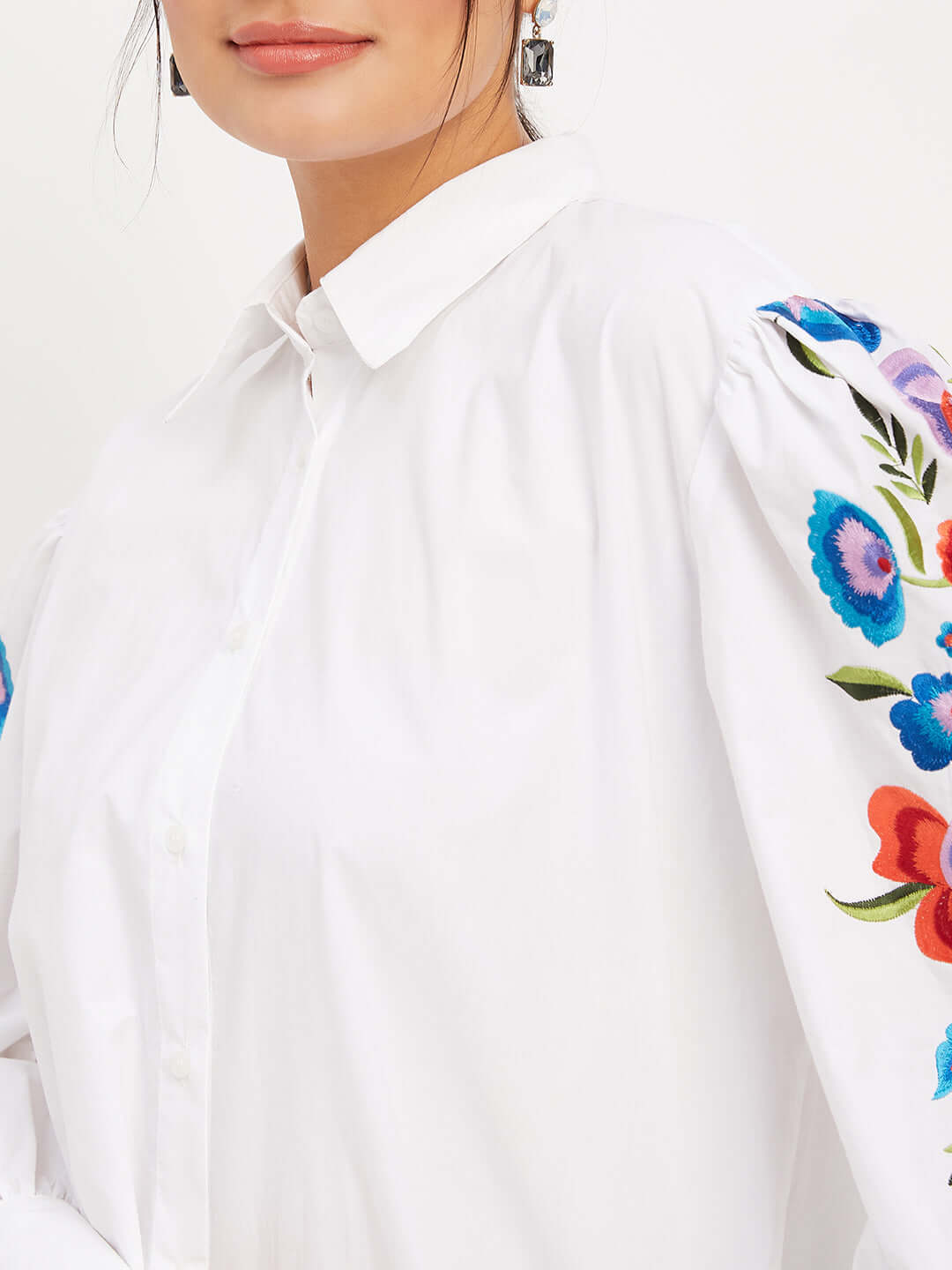 WHITE COTTON SHIRT WITH MULTI COLOURED FLORAL EMBROIDERY