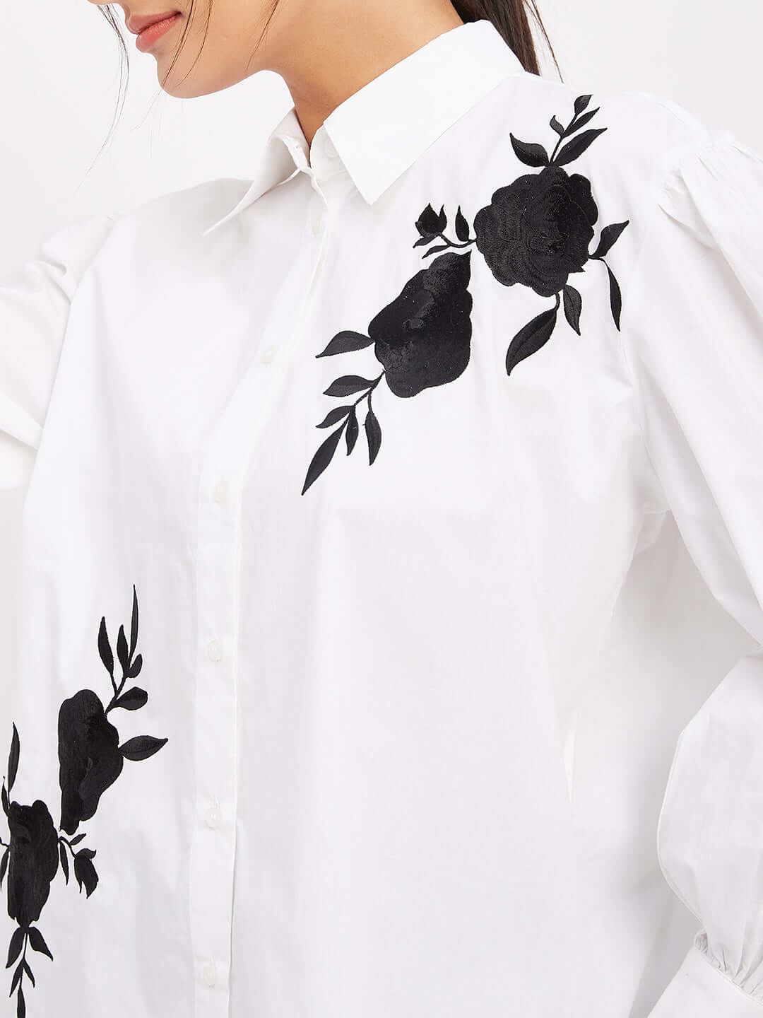 White Cotton Shirt With Black Thread Rich Embroidered Collared Shirt