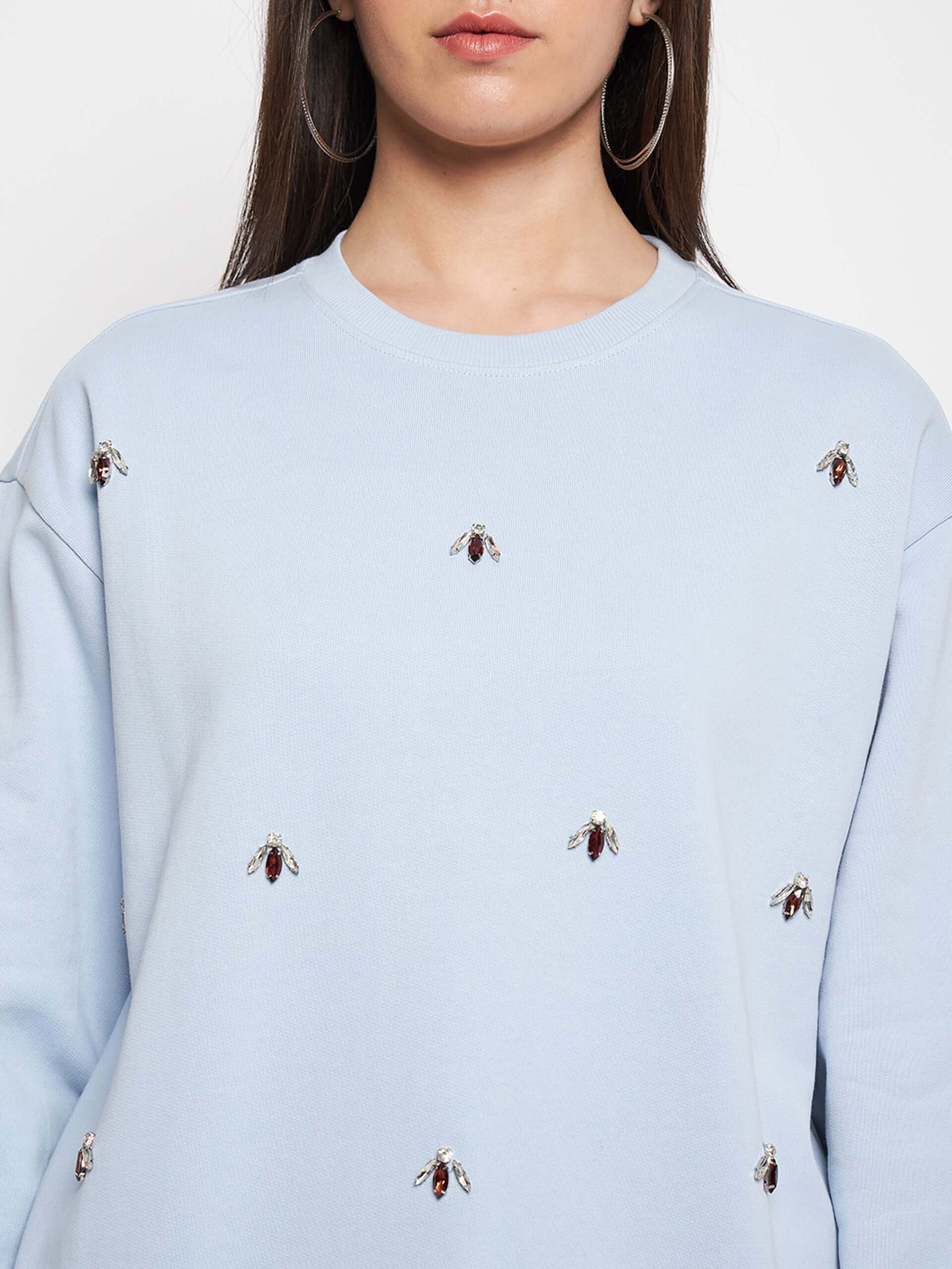 Women's Round Neck Embellished Sweatshirt - Antimony