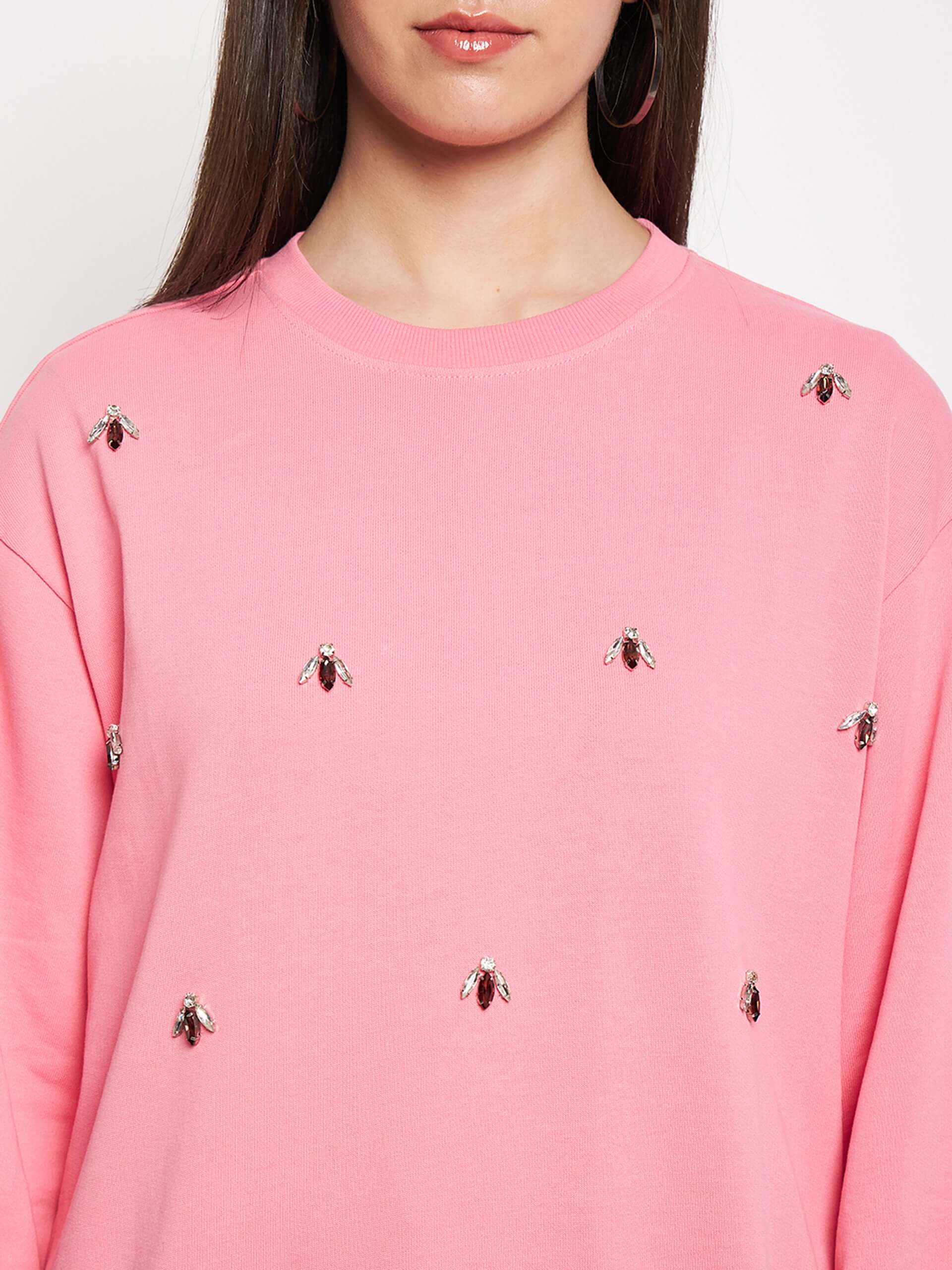 Women's Round Neck Embellished Sweatshirt - Antimony