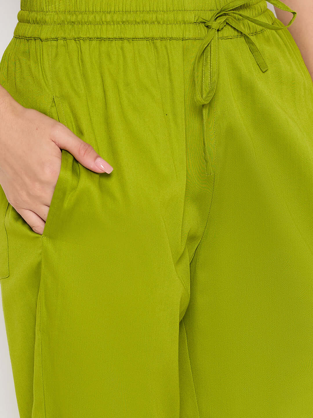 Women Straight Fit Pants with Elasticated Drawstring Waist(Olive Green)