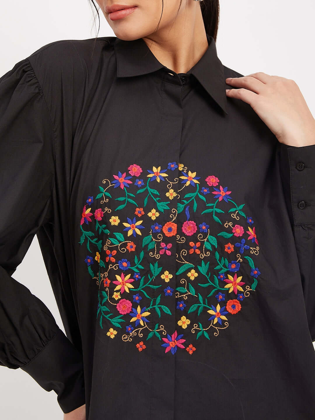 Solid Black Cotton Shirt With Thread Embroidery