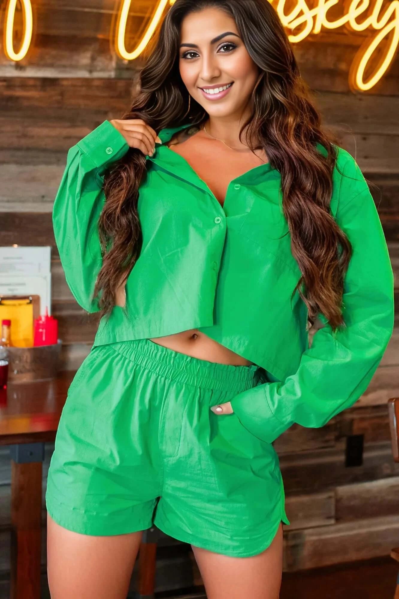 Cropped Button-Down Shirt with Short (Green)