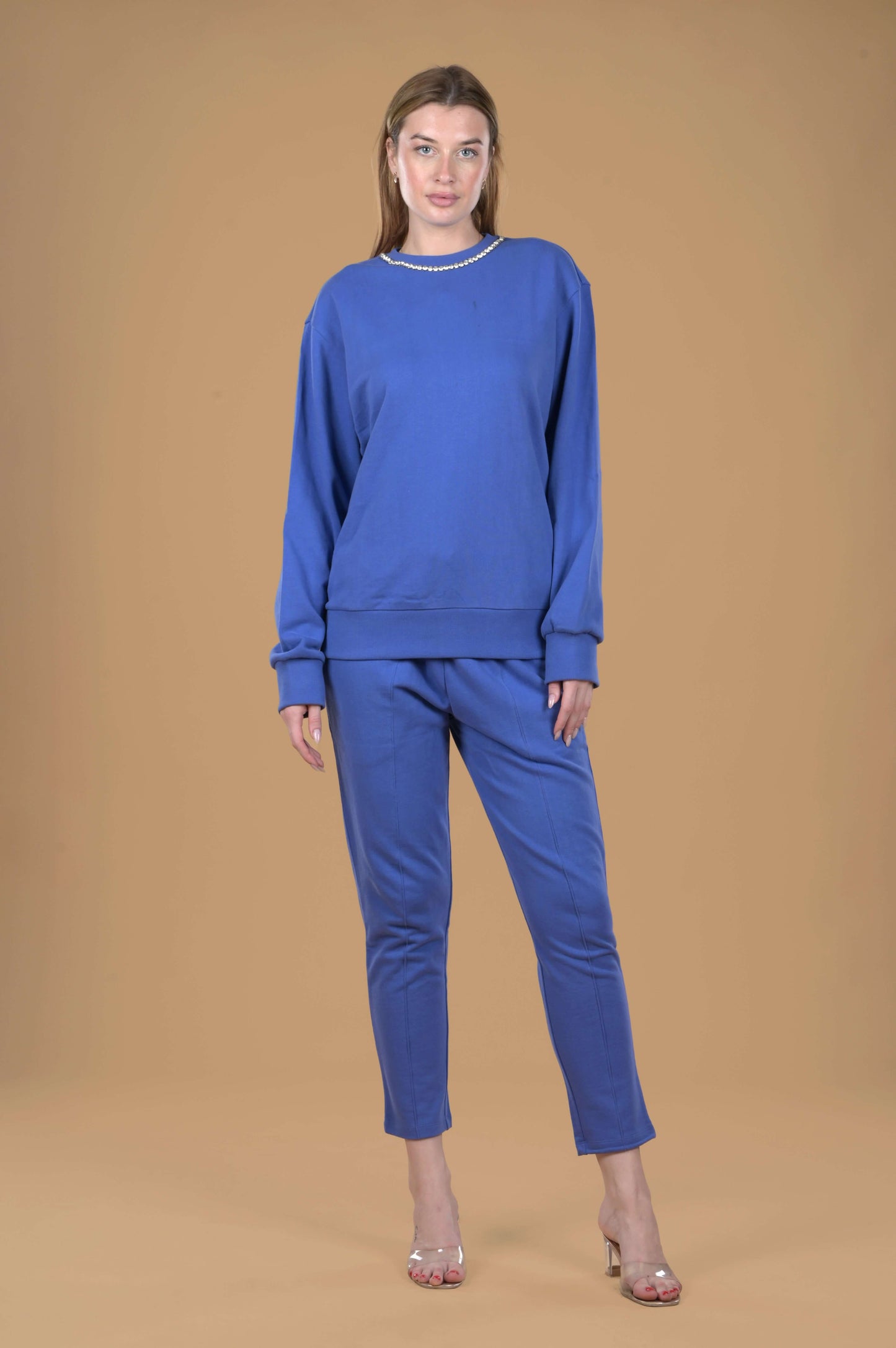 Round Neck Embellished Sweatshirt with pant( Blue)