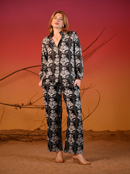Black co-ord Set with white Rose Print
