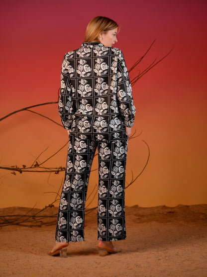 Black co-ord Set with white Rose Print