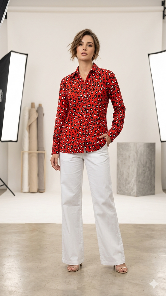 Women’s Red  Print Button-Down Shirt with White Wide-Leg Trousers Set