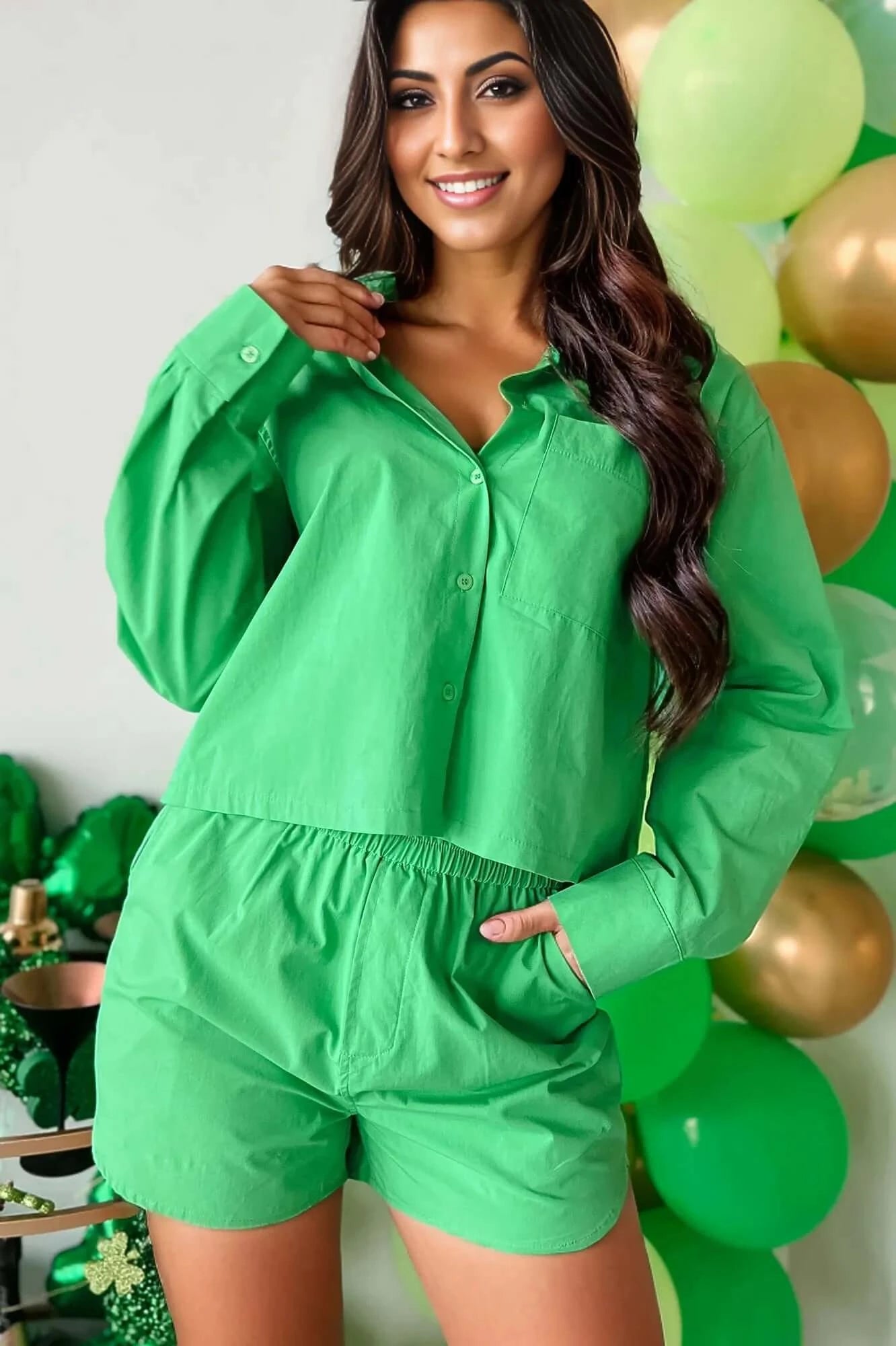 Cropped Button-Down Shirt with Short (Green)