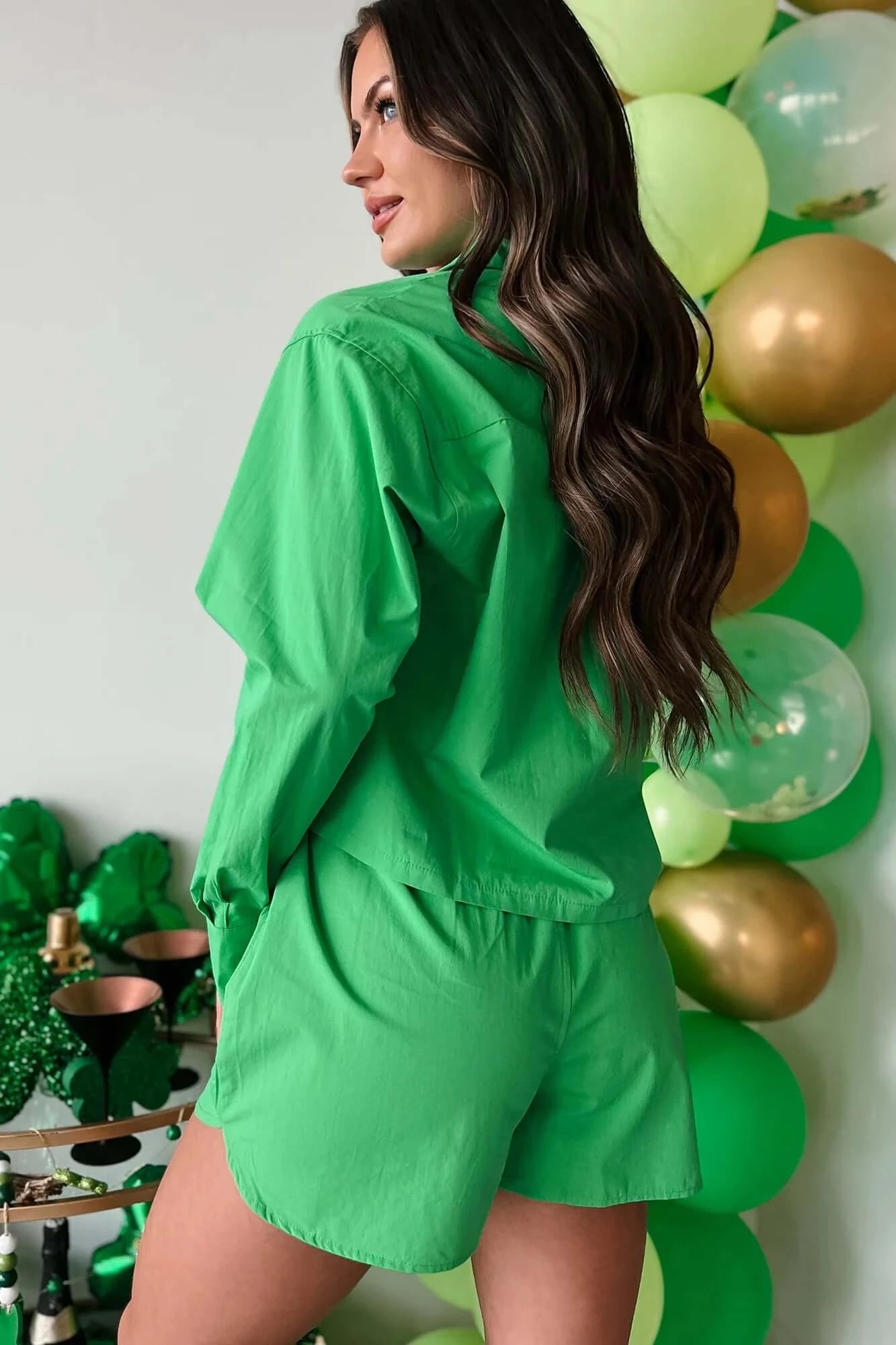 Cropped Button-Down Shirt with Short (Green)