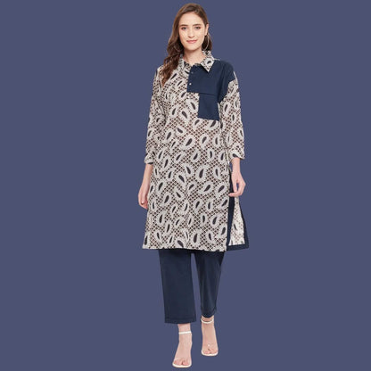 Women Navy Blue Shirt Collar Straight Kurta Paired With Pant