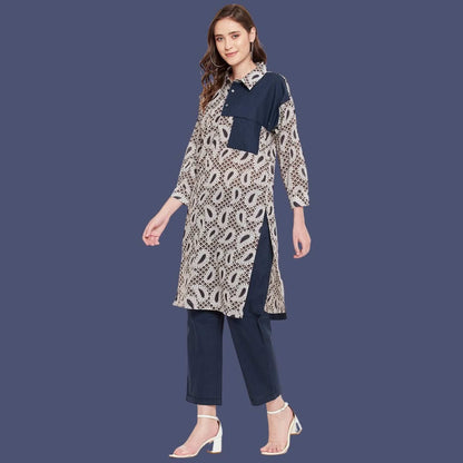 Women Navy Blue Shirt Collar Straight Kurta Paired With Pant