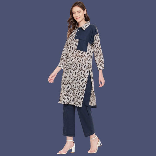 Women Navy Blue Shirt Collar Straight Kurta Paired With Pant
