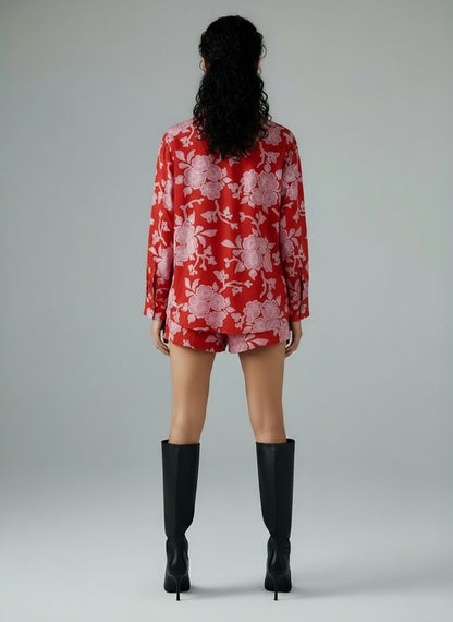 Red pink printed cordset with pink Shirt with shorts