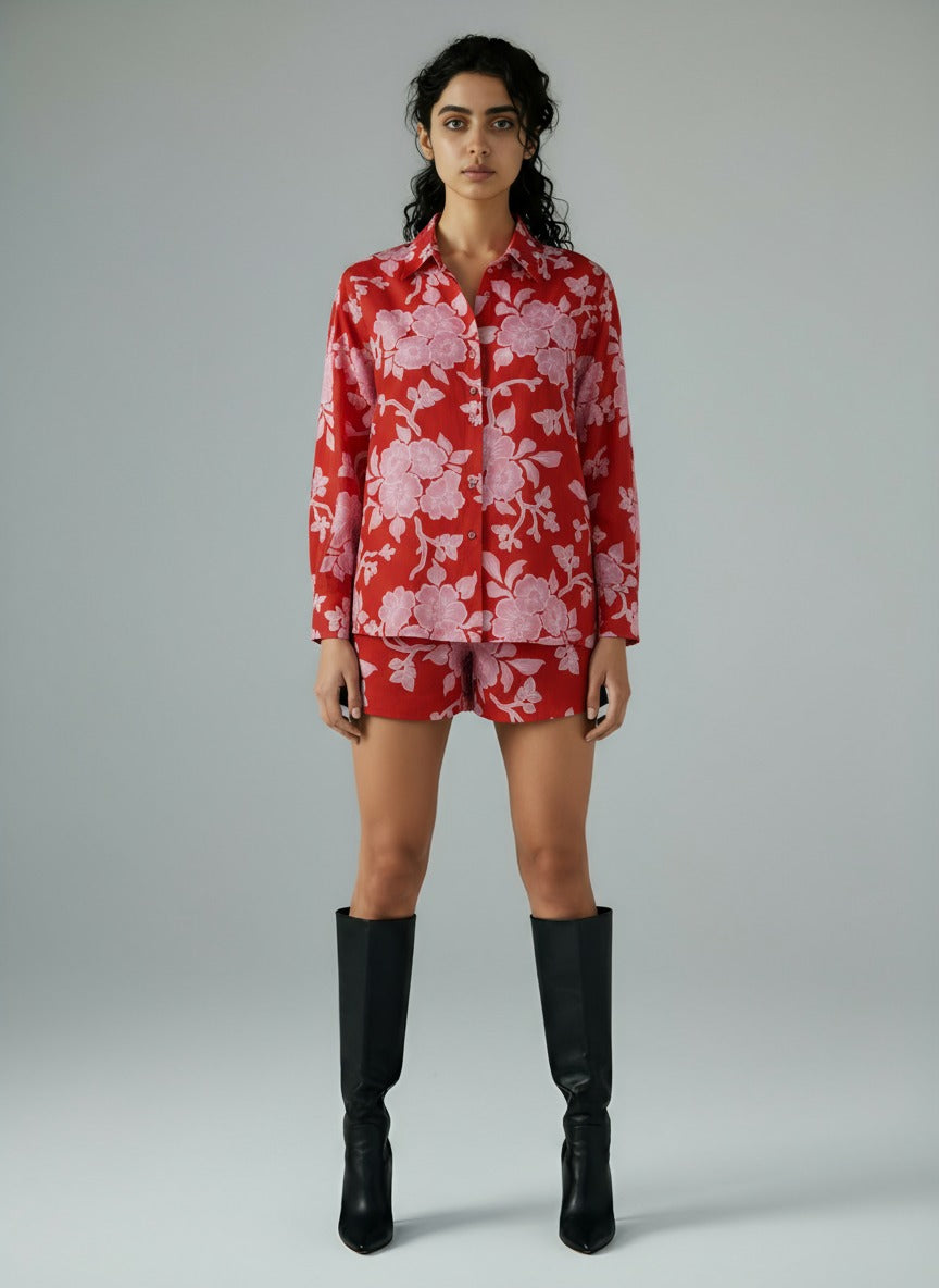 Red pink printed cordset with pink Shirt with shorts