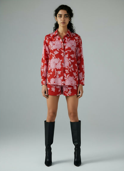 Red pink printed cordset with pink Shirt with shorts