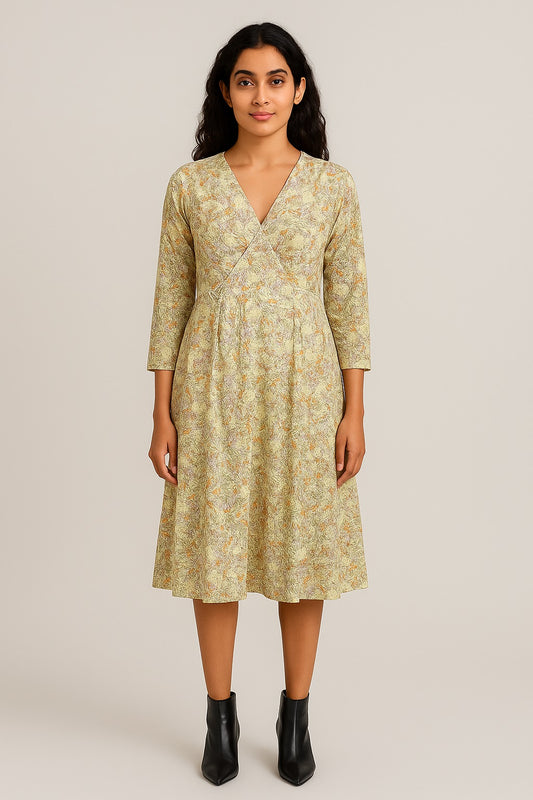 Yellow Block Printed Cotton Dress