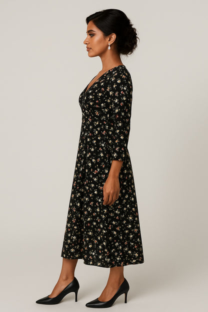 Black Floral V Neck Midi Dress