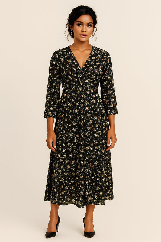 Black Floral V Neck Midi Dress