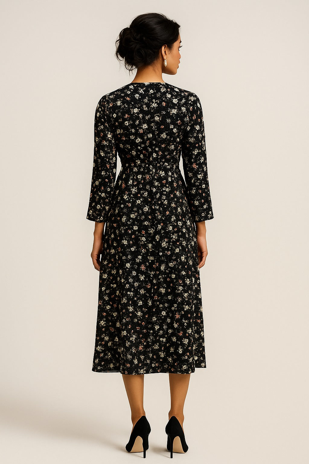 Black Floral V Neck Midi Dress