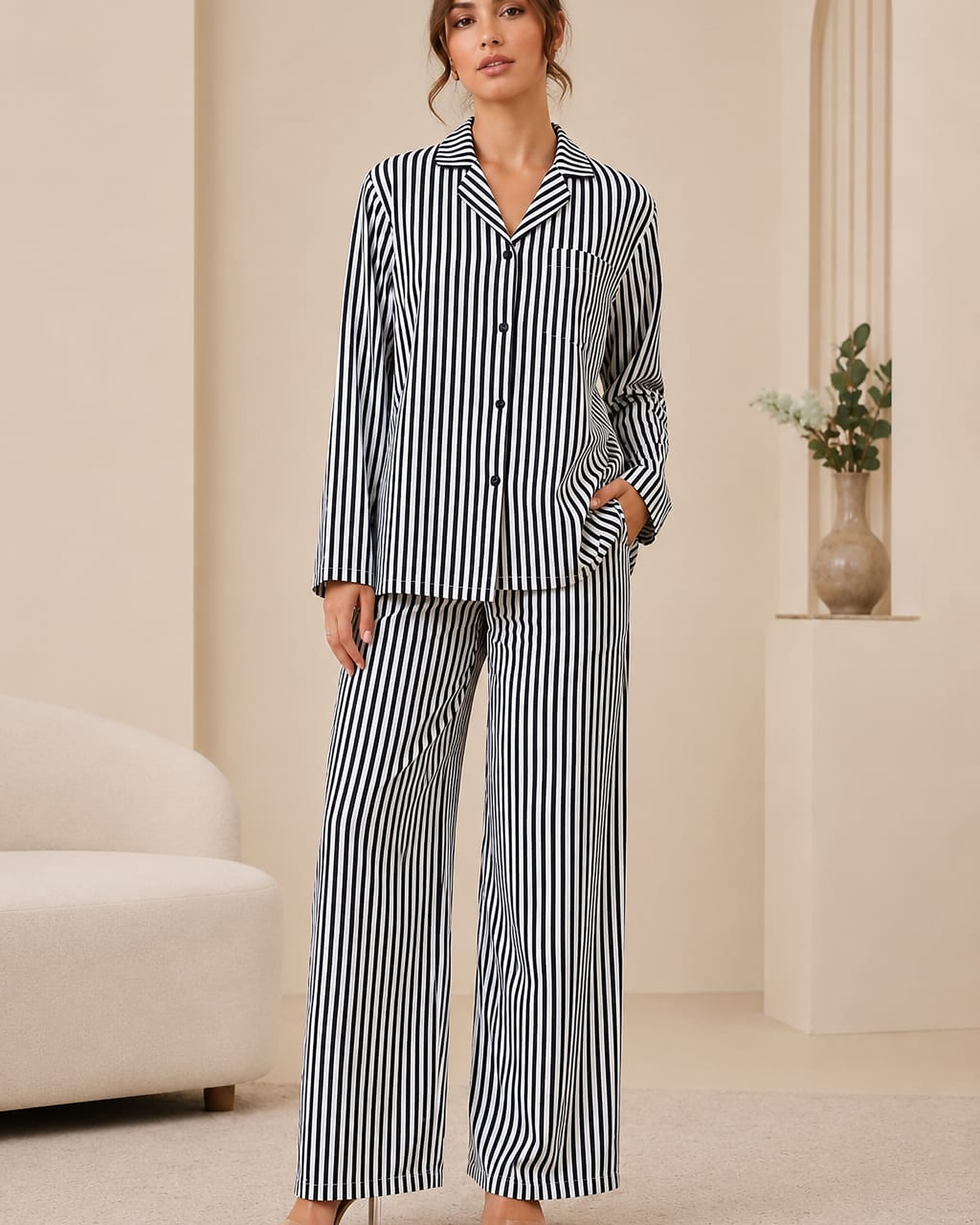 ANTIMONY Classic Monochrome Stripe Night Suit Set on model — night-suit edit